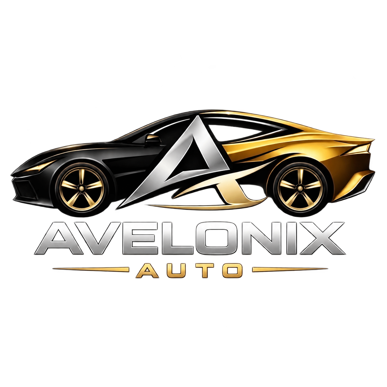 Логотип Avelonix Auto: автомобиль с серебристой буквой A и золотыми деталями